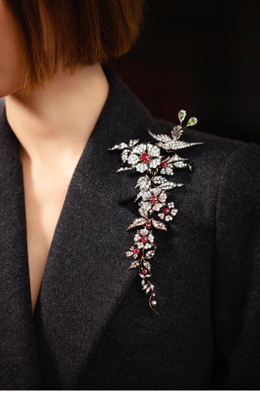 独角鹿西洋古董珠宝黄金纯银镶钻石红宝石橄榄石花鸟可拆卸胸针 商品图1