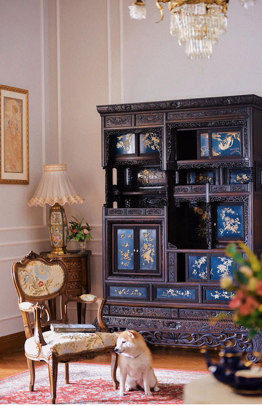 独角鹿西洋古董家具日本明治时期传统花鸟芝山象嵌多宝阁立柜 商品图1