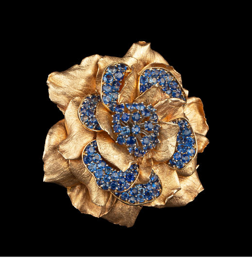 独角鹿西洋古董珠宝首饰14k玫瑰金镶嵌蓝宝石花朵造型胸针 商品图2