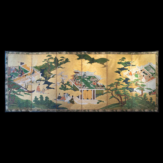 独角鹿西洋古董日本江户时期土佐光成纸笔本金地源氏物语六曲屏风 商品图0