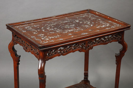 独角鹿西洋古董家具法国出品东方风格木制雕刻镶嵌母贝双层矮桌 商品图2