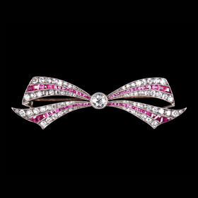 独角鹿西洋古董珠宝法国18k金及铂金镶嵌红宝石钻石蝴蝶结胸针