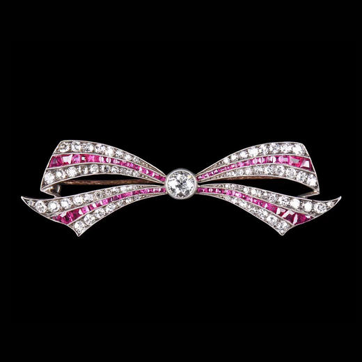 独角鹿西洋古董珠宝法国18k金及铂金镶嵌红宝石钻石蝴蝶结胸针 商品图0