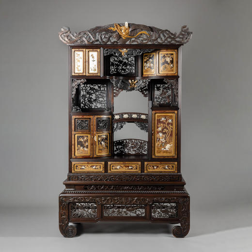 独角鹿西洋古董家具祥瑞花鸟传统神话人物金漆莳绘芝山多宝阁立柜 商品图0