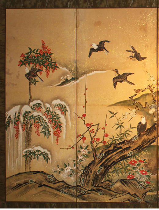 独角鹿西洋古董日本江户时期纸本金地春景鸡雀主题六曲屏风六扇 商品图1