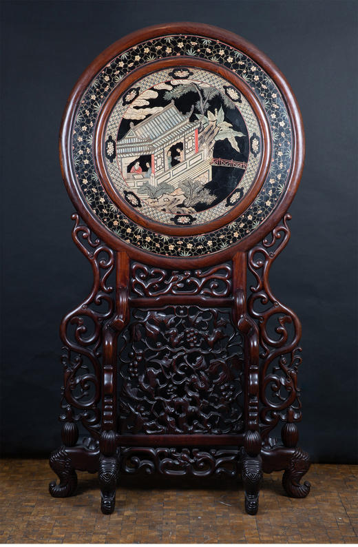 独角鹿西洋古董摆件中国清代漆木雕花嵌历史人物瓷板画大型屏风 商品图1