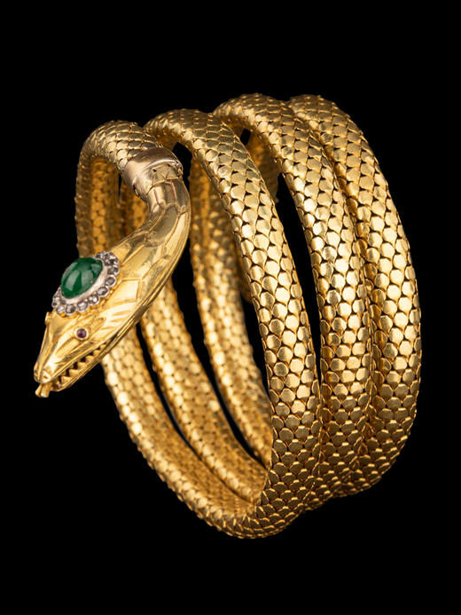 独角鹿西洋古董首饰18K黄金甲片拼接纹理镶祖母绿钻石灵蛇形手镯 商品图4