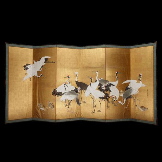 独角鹿西洋古董江户时代画师狩野派群鹤图纸本金叶六曲屏风日式 商品图0
