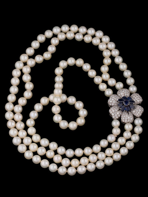 独角鹿西洋古董18K白金镶钻石蓝宝石花朵造型吊坠三股珍珠项链 商品图2