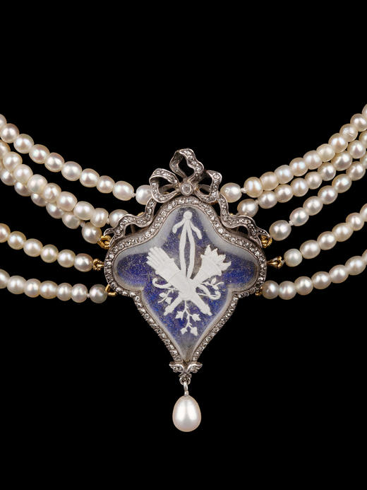 独角鹿西洋古董珠宝首饰纯银镶钻石珐琅五股天然海水珍珠项链吊坠 商品图4