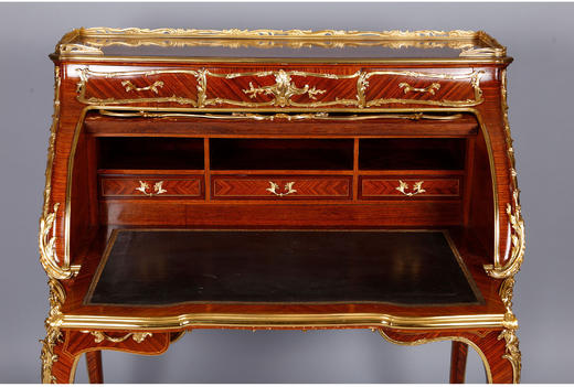 独角鹿西洋古董家具林克路易十五风铜鎏金细木镶嵌弧面翻盖写字桌 商品图3