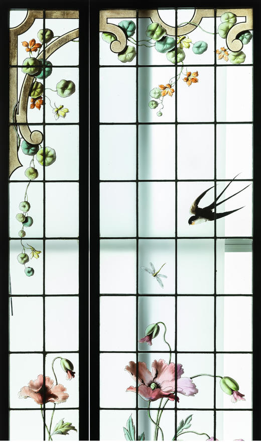 独角鹿西洋古董法国新艺术时期燕雀鸢尾水岸春绘玻璃花窗四件 商品图1