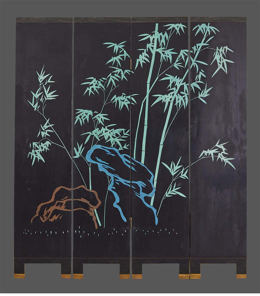 独角鹿西洋古董中国手绘瑞鹤珍禽富贵花卉主题黑地漆器四扇屏风 商品图4