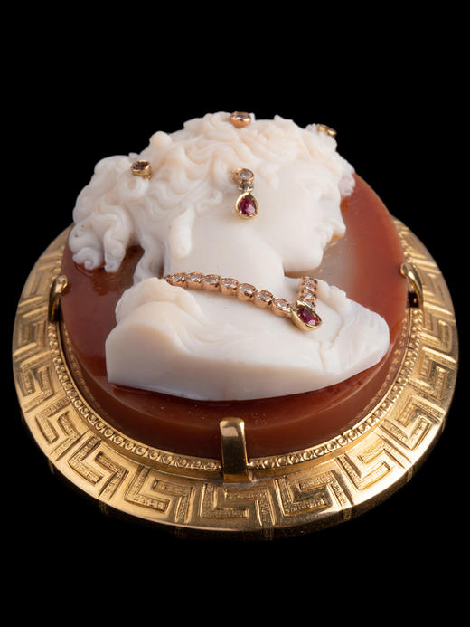 独角鹿西洋古董18K金红宝石钻石嵌Cameo卡梅奥玛瑙浮雕胸针吊坠 商品图3