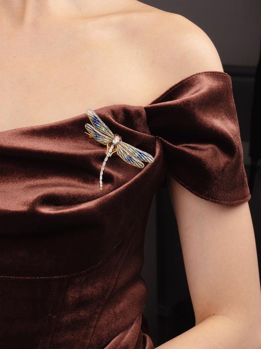 独角鹿西洋古董珠宝首饰18K黄金铂金钻石红宝石空窗珐琅蜻蜓胸针 商品图1