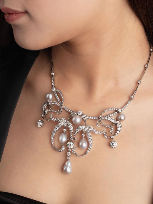 独角鹿西洋古董首饰美好时代黄金底纯银镶钻石天然海水珍珠项链 商品图1