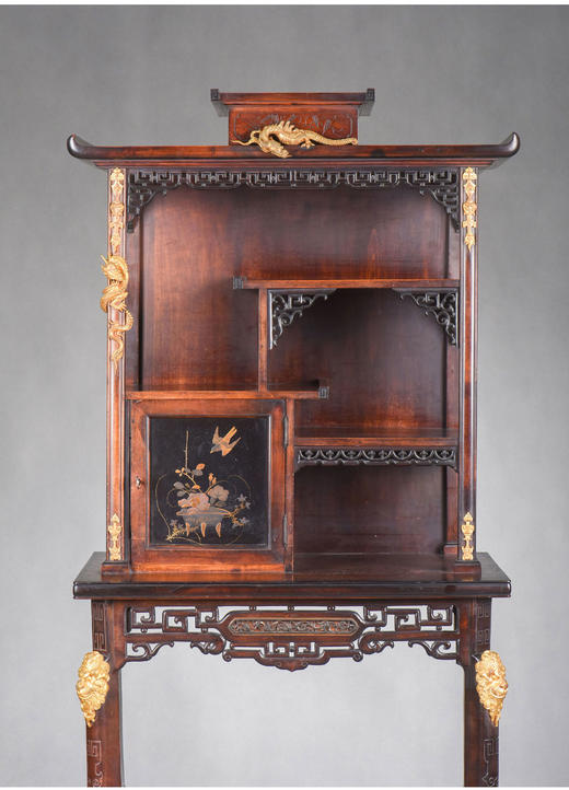 独角鹿西洋古董家具法国出品铜鎏金嵌东方莳绘花鸟图胡桃木立柜 商品图2