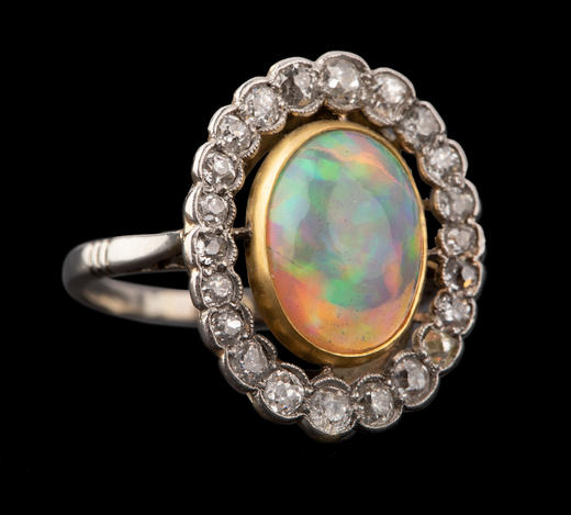 独角鹿西洋古董珠宝首饰1920年代法国出品18k金铂金钻石欧珀戒指 商品图2