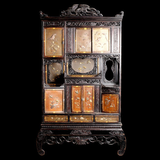 独角鹿西洋古董家具19世纪中国木制漆面铜制镶嵌柜子多宝阁立柜 商品图0