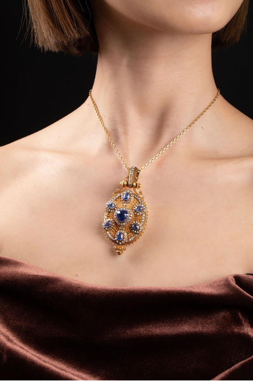 独角鹿西洋古董珠宝首饰18K黄金镂空累丝镶嵌蓝宝石钻石吊坠项链 商品图2