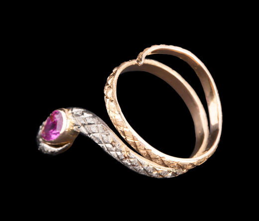 独角鹿西洋古董珠宝首饰20世纪欧洲出品18k金红色宝石蛇形戒指 商品图2