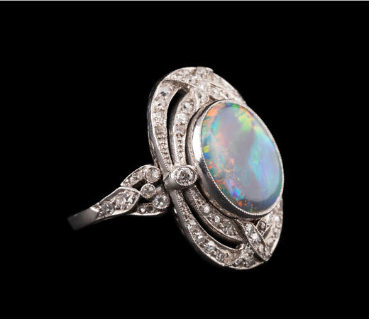 独角鹿西洋古董首饰女戒欧洲珠宝18k白金镶钻石天然黑欧泊石戒指 商品图3