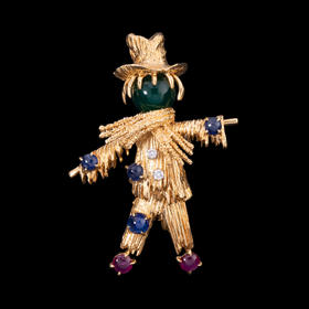 独角鹿西洋古董法国18K金镶嵌绿玉髓蓝宝石红宝石钻石稻草人胸针