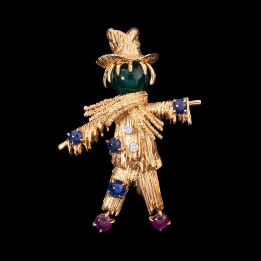 独角鹿西洋古董法国18K金镶嵌绿玉髓蓝宝石红宝石钻石稻草人胸针 商品图0