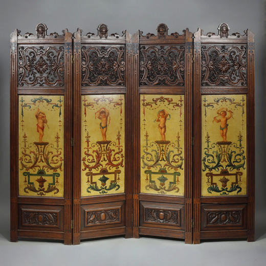 独角鹿西洋古董法国木质雕花边框小天使主题布面手绘四页插屏屏风 商品图0