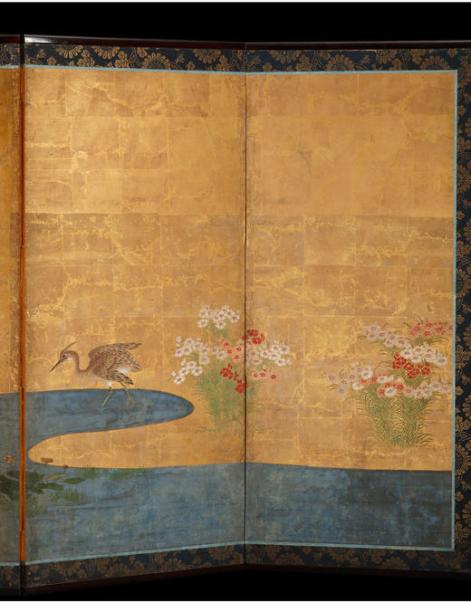 独角鹿西洋古董江户时代狩野派花鸟纸本金叶六曲秋草图日式屏风 商品图3