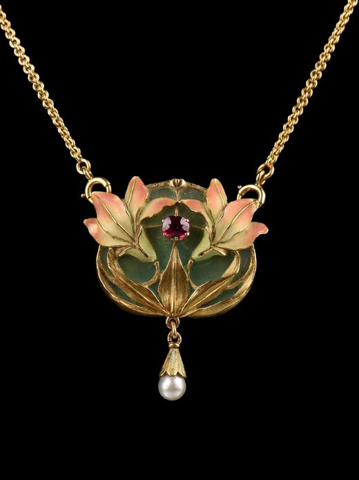 独角鹿西洋古董珠宝首饰黄金镶珍珠蔷薇辉石空窗珐琅花束吊坠项链 商品图4