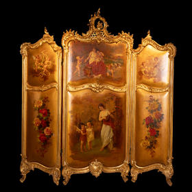 独角鹿西洋古董洛可可风格鎏金马丁漆古典少女与小天使三叶屏风