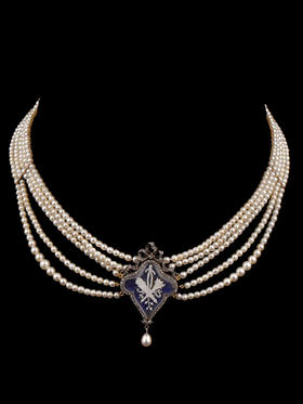 独角鹿西洋古董珠宝首饰纯银镶钻石珐琅五股天然海水珍珠项链吊坠