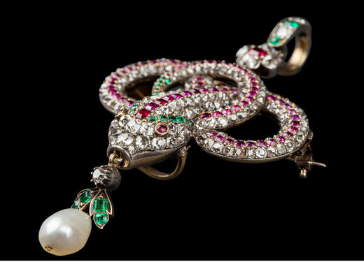 独角鹿西洋古董珠宝18k黄金银红宝石祖母绿钻石珍珠灵蛇胸针吊坠 商品图3