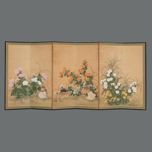 独角鹿西洋古董日本大正时期纸本设色幼犬花卉六曲六扇屏风 商品图0