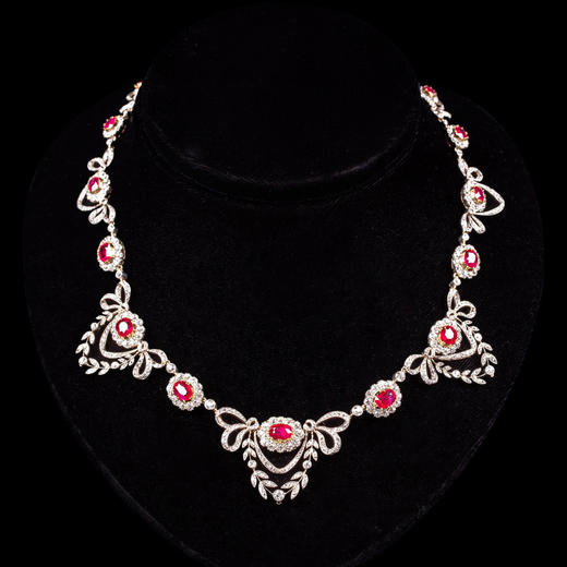 独角鹿西洋古董英国金银镶嵌缅甸无烧红宝石及钻石蝴蝶结花环项链 商品图0