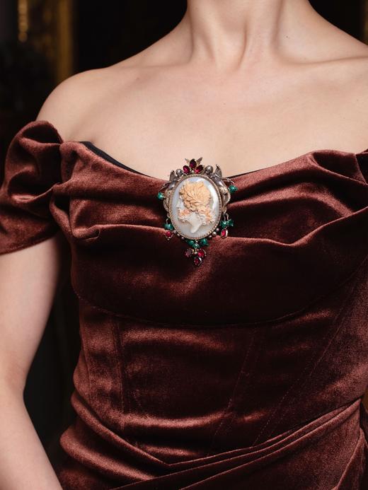 独角鹿西洋古董首饰纯银镀金珍珠石榴石珐琅Cameo玛瑙浮雕胸针 商品图1