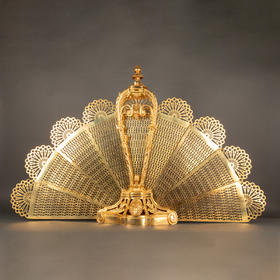 独角鹿西洋古董法国路易十六风铜鎏金镂雕浮雕可折叠扇形壁炉屏风