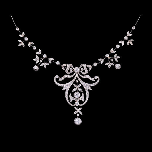 独角鹿西洋古董美好时代欧洲Lavalliere式铂金镶钻石蝴蝶结项链 商品图2