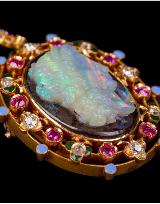 独角鹿西洋古董首饰珠宝黄金镶嵌红宝石欧泊卡梅奥浮雕胸针/吊坠 商品图3