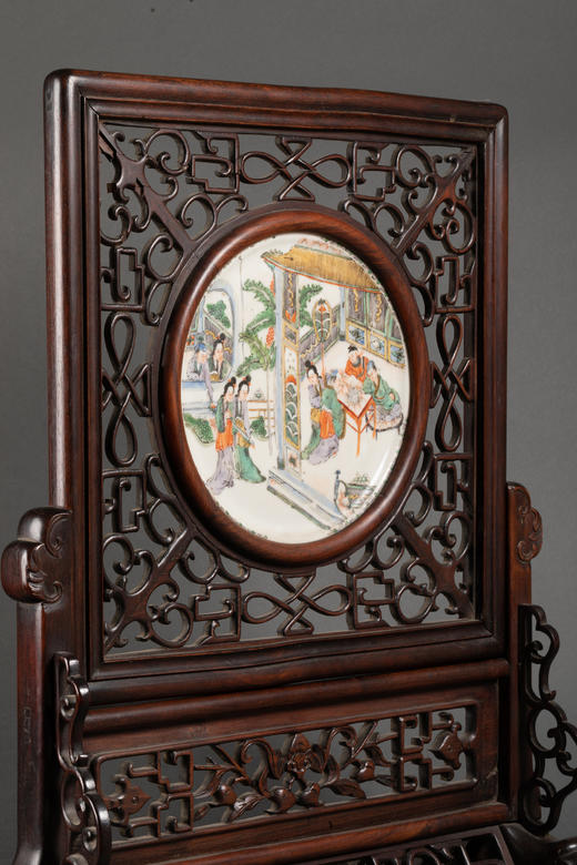 独角鹿西洋古董摆件中国黑黄檀木镂空雕刻嵌人物故事彩瓷插屏风 商品图2