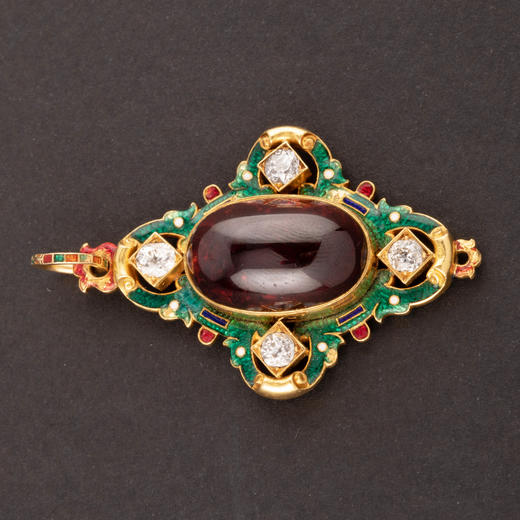 独角鹿西洋古董珠宝首饰19世纪末18k黄金镶嵌钻石珐琅石榴石吊坠 商品图3