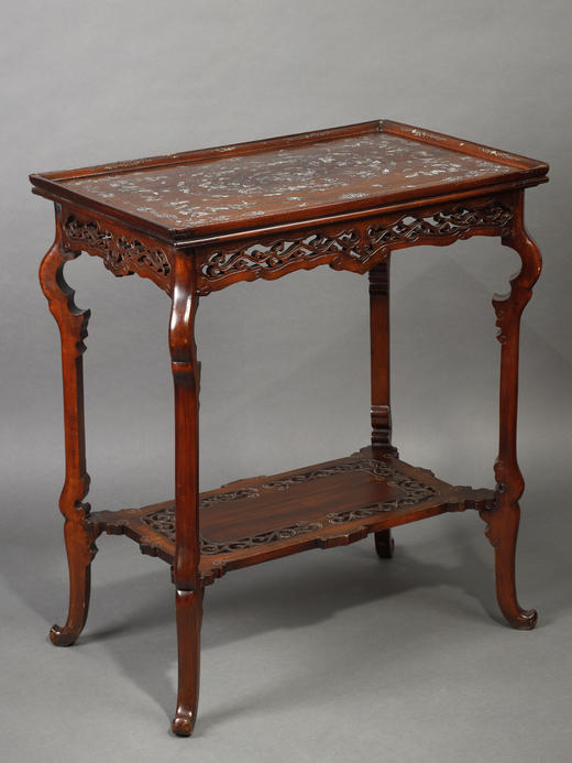 独角鹿西洋古董家具法国出品东方风格木制雕刻镶嵌母贝双层矮桌 商品图1