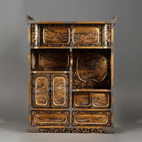 独角鹿西洋古董19世纪日本山水主题黑地金漆莳绘小型珍宝柜置物柜