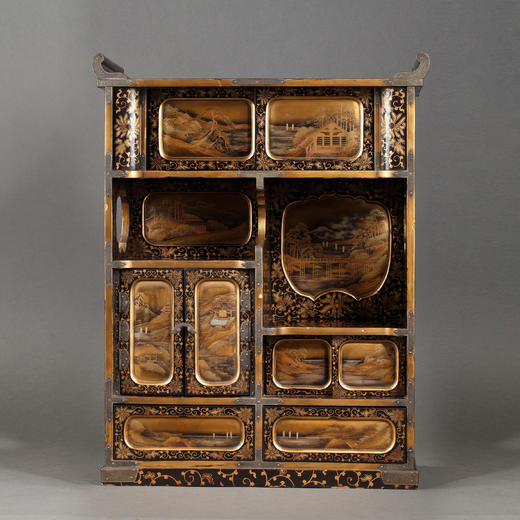 独角鹿西洋古董19世纪日本山水主题黑地金漆莳绘小型珍宝柜置物柜 商品图0