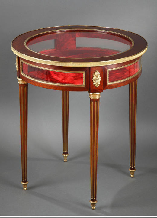 独角鹿西洋古董家具法国出品铜鎏金装饰桃花心木玻璃圆形展示柜 商品图1