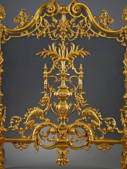 独角鹿西洋古董法国新文艺复兴风格神兽奇美拉精雕铜鎏金壁炉屏风 商品图3