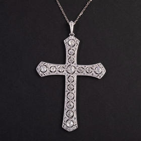 独角鹿西洋古董珠宝首白金铂金镶嵌老切玫瑰切钻石十字架吊坠项链