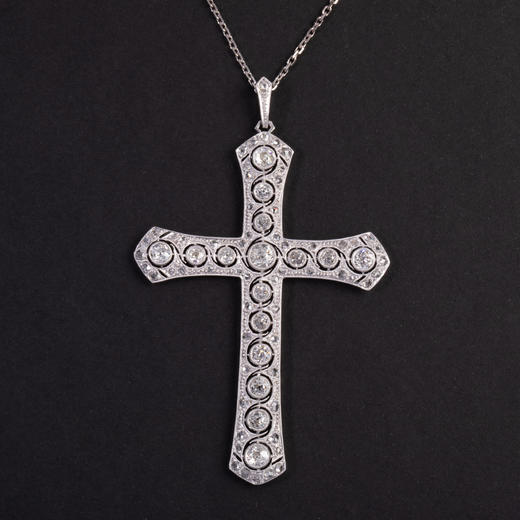 独角鹿西洋古董珠宝首白金铂金镶嵌老切玫瑰切钻石十字架吊坠项链 商品图0