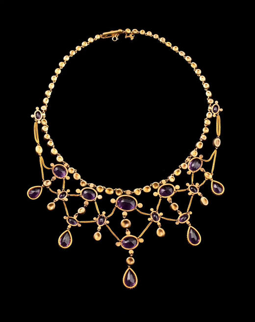 独角鹿西洋古董首饰法国出品18k金镶嵌紫水晶钻石垂花帷幔项链 商品图2